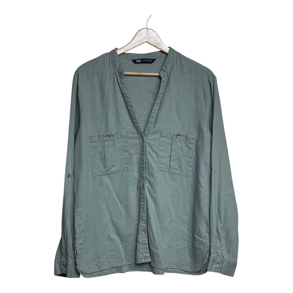 Zara Olive Green Utility Style Long Sleeve Button Down Shirt Womens Size M linen
